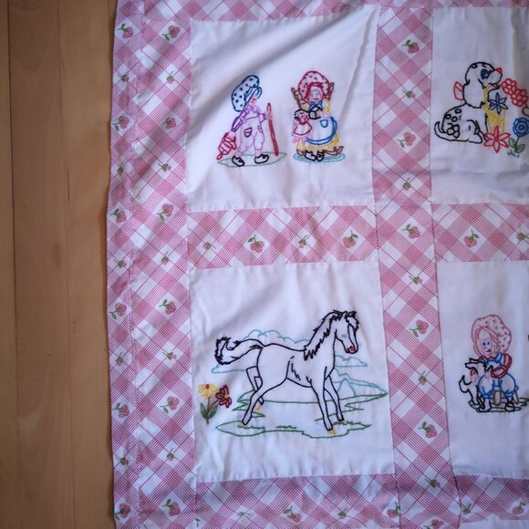 Handmade 35"x 48" Baby Quilt w/ Embroidered Squares Nursery Rhymes Pink & White - Picture 7 of 10